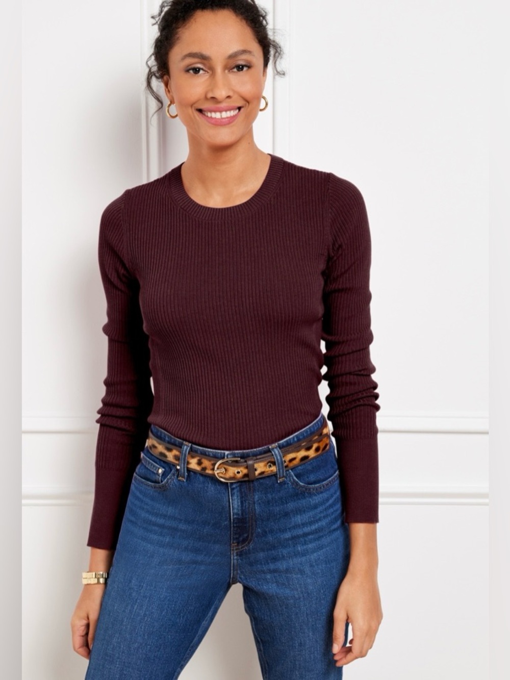 Becool | Women’s Burgandy Ribbed Long Sleeve Bodycon Crewneck Sweater Size L